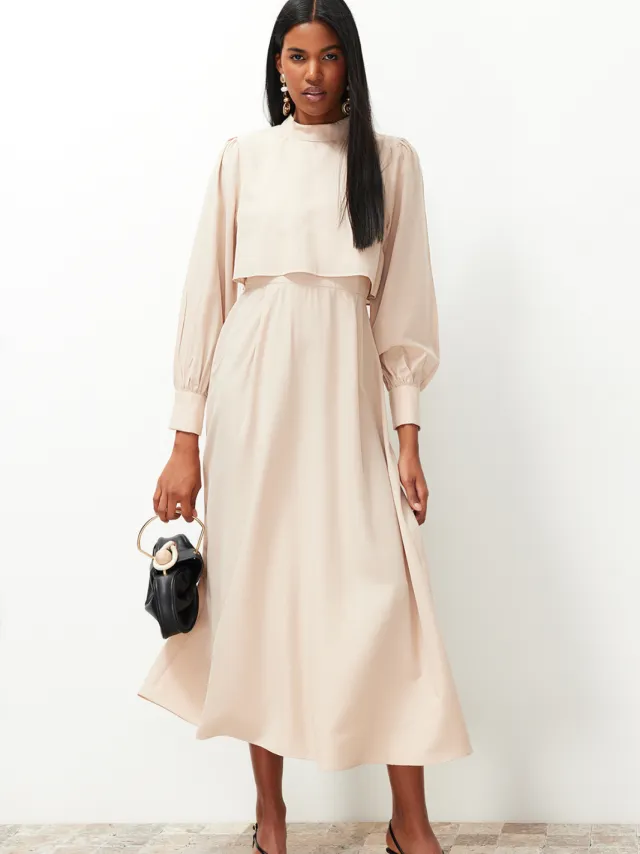 Trendyol Modest Dames Beige Effen Maxi Lang Casual A-lijn Modest Jurken