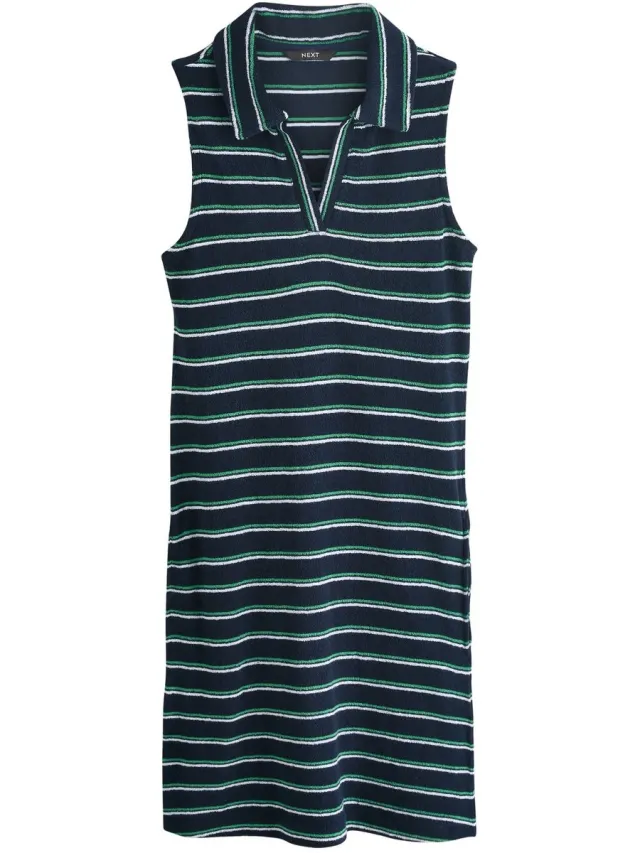 Next Dames - Mini-jurk van badstof met polokraag en streep - Blauw Navy