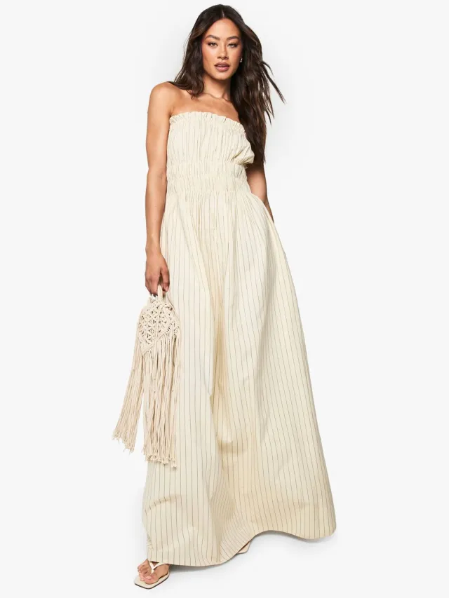 boohoo Dames Hoge linnen look gestreepte maxi jurk met plooien Ecru