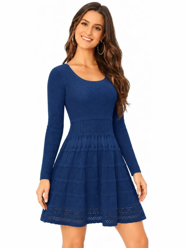 Imily Bela Dames Gebreide Mini Jurk met Lange Mouwen en Uitlopende Rok Marineblauw