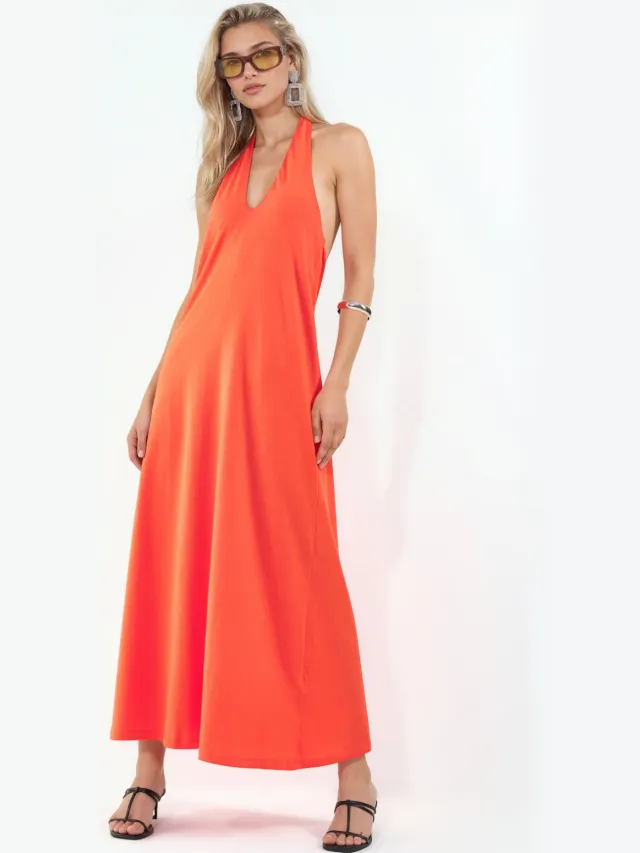 Busem Katoenen Midi Halterjurk Met Splits Oranje