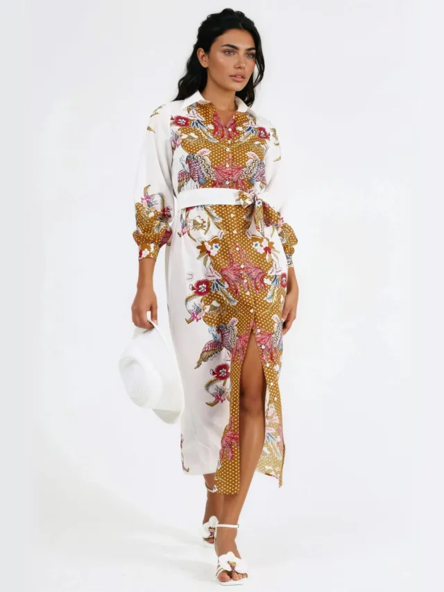 MSN Collection Bloemenriem Midi Jurk Veelkleurig
