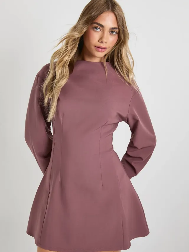 boohoo Dames Geruched hoge hals barrelmouw skaterjurk Roos