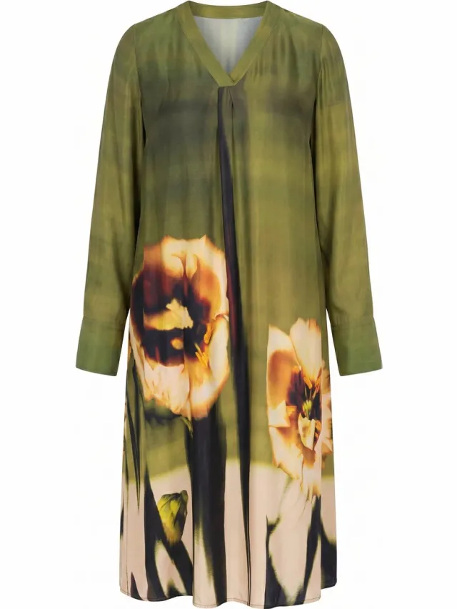 Ulla Popken Dames - Midi-jurk bloemen A-lijn V-hals lange mouw - Donkerkaki - Maat 58+
