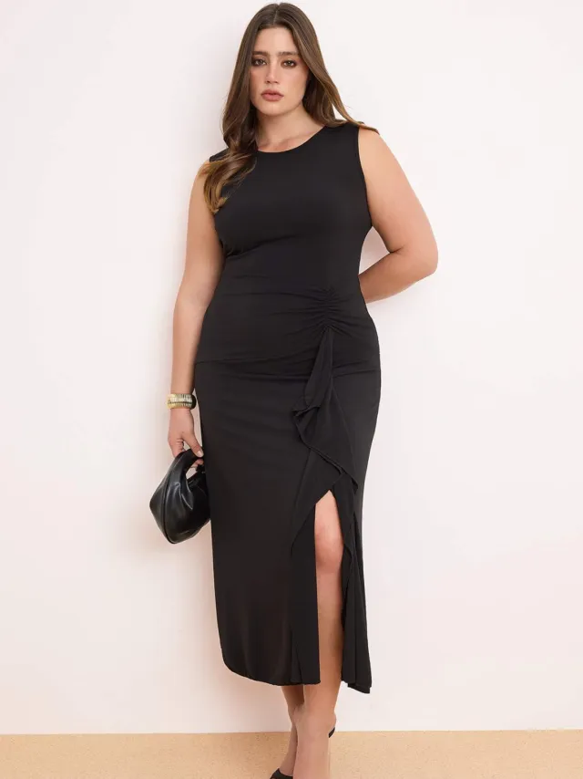 Trendyol Curve Dames Zwart Effen Maxi Mouwloos Casual A-lijn Grote maten Jurk