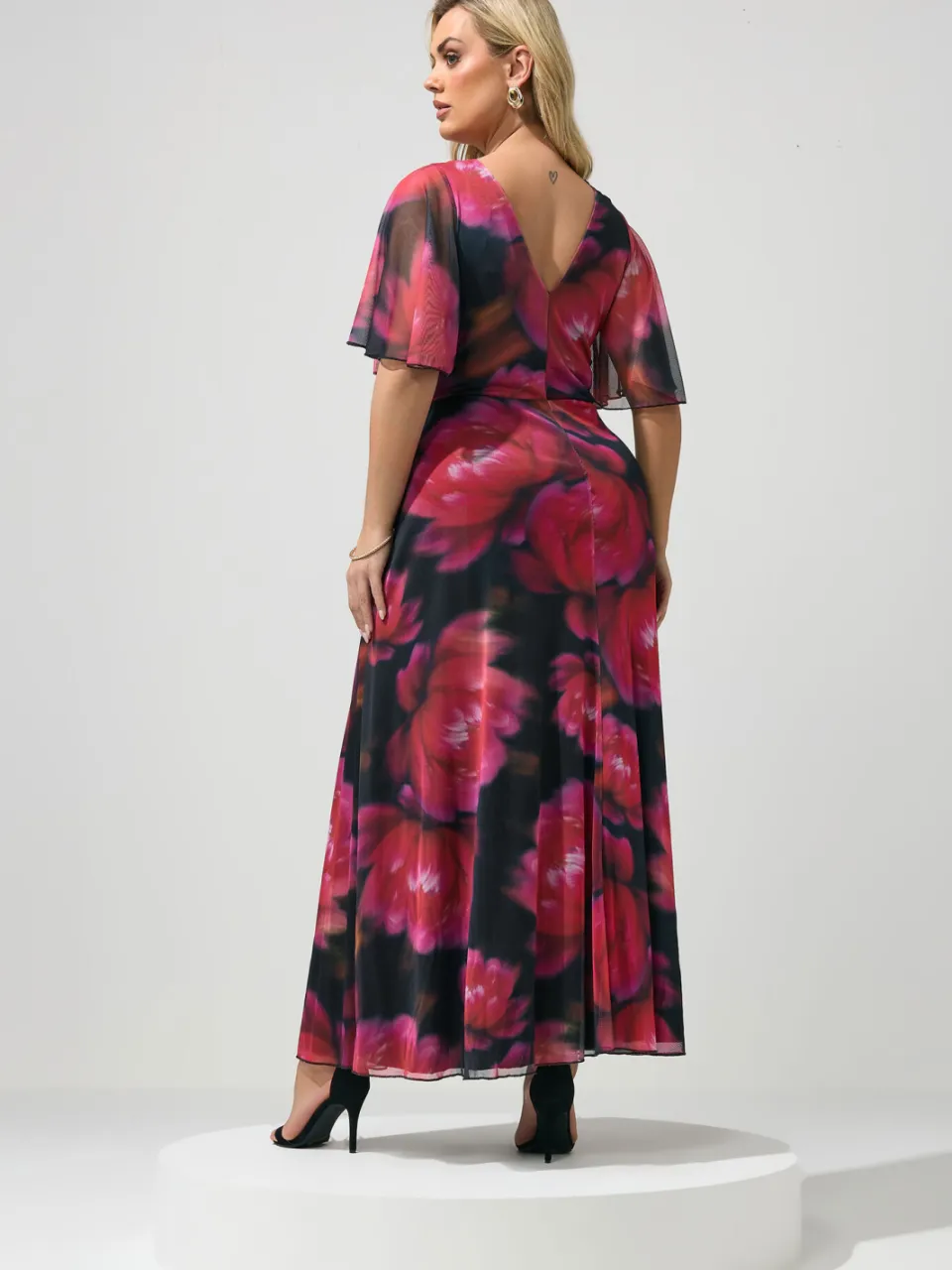 Yours London Zwarte En Roze Abstracte Bloemenprint Mesh Jurk, foto 2