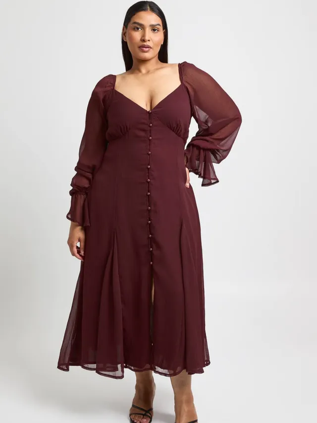 boohoo Dames Plus Getextureerde Chiffon Godet Zoom Midi Jurk Chocoladebruin