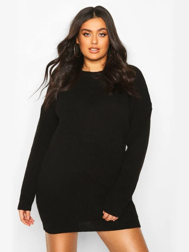 boohoo Dames Plus Ronde Hals Truitjurk Zwart