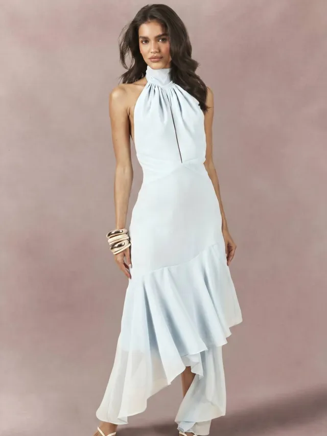 boohoo Dames Chiffon Midaxi Jurk Met Hoge Hals Bloemdetail En Asymmetrische Zoom Stoffig Blauw