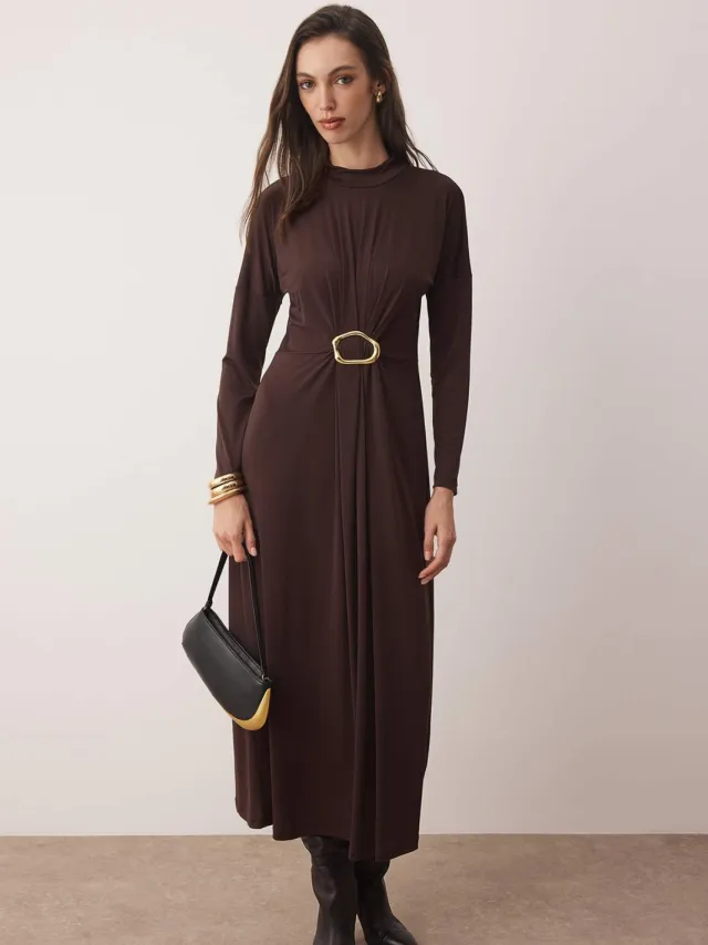 Trendyol Modest Dames Bruin Effen Maxi Lang Casual A-lijn Modest Jurken Donkerbruin