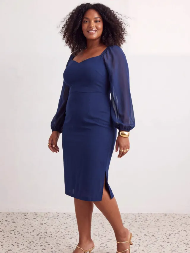 Trendyol Curve Dames Blauw Effen Midi Lang Stijlvol/Avond Bodycon Grote maten Jurk, foto 2