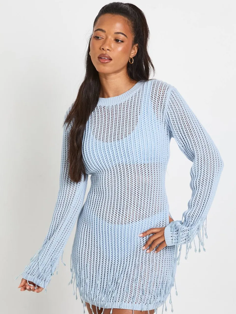 boohoo Dames Gehaakte Gebreide Mini-jurk Met Kralenzoom babyblauw, foto 3