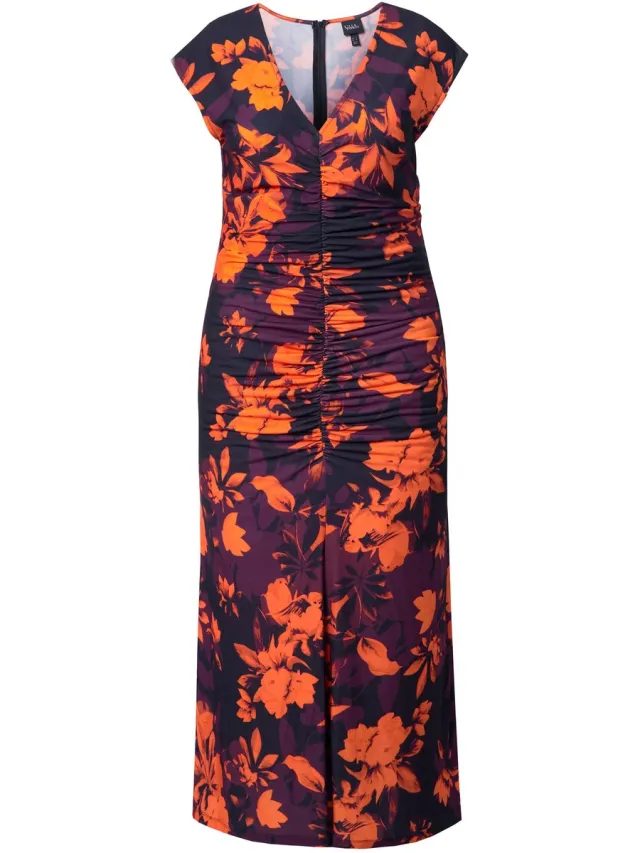 Ulla Popken Dames - Jersey maxi-jurk Slim Fit gedrapeerd op voorkant - Zwart