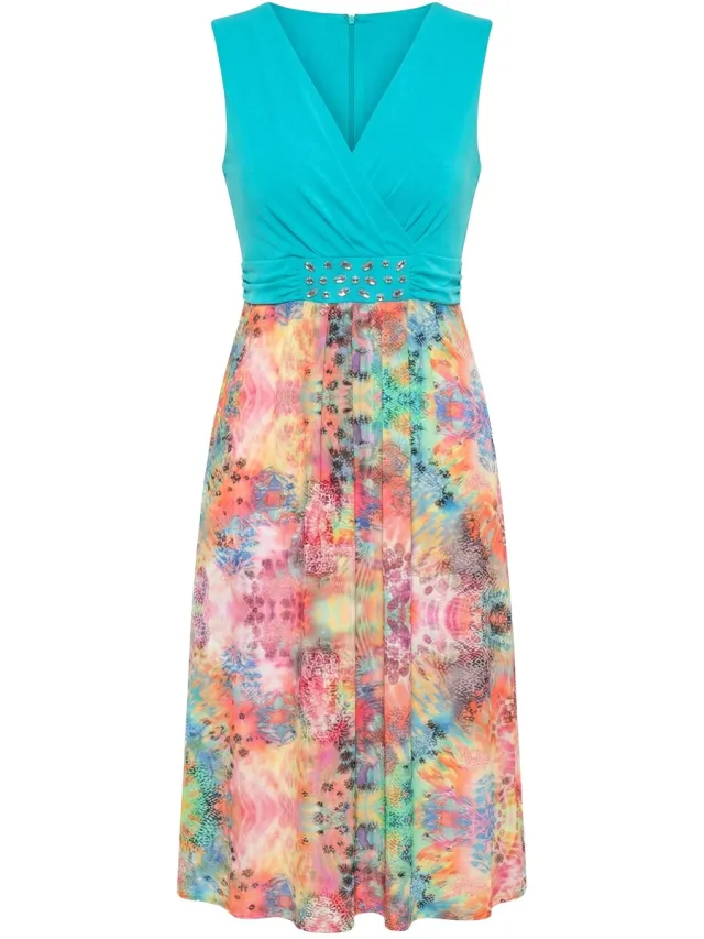 MIAMODA Dames - Jersey jurk mouwloze A-lijn rok met print siersteentjes - Licht turkoois