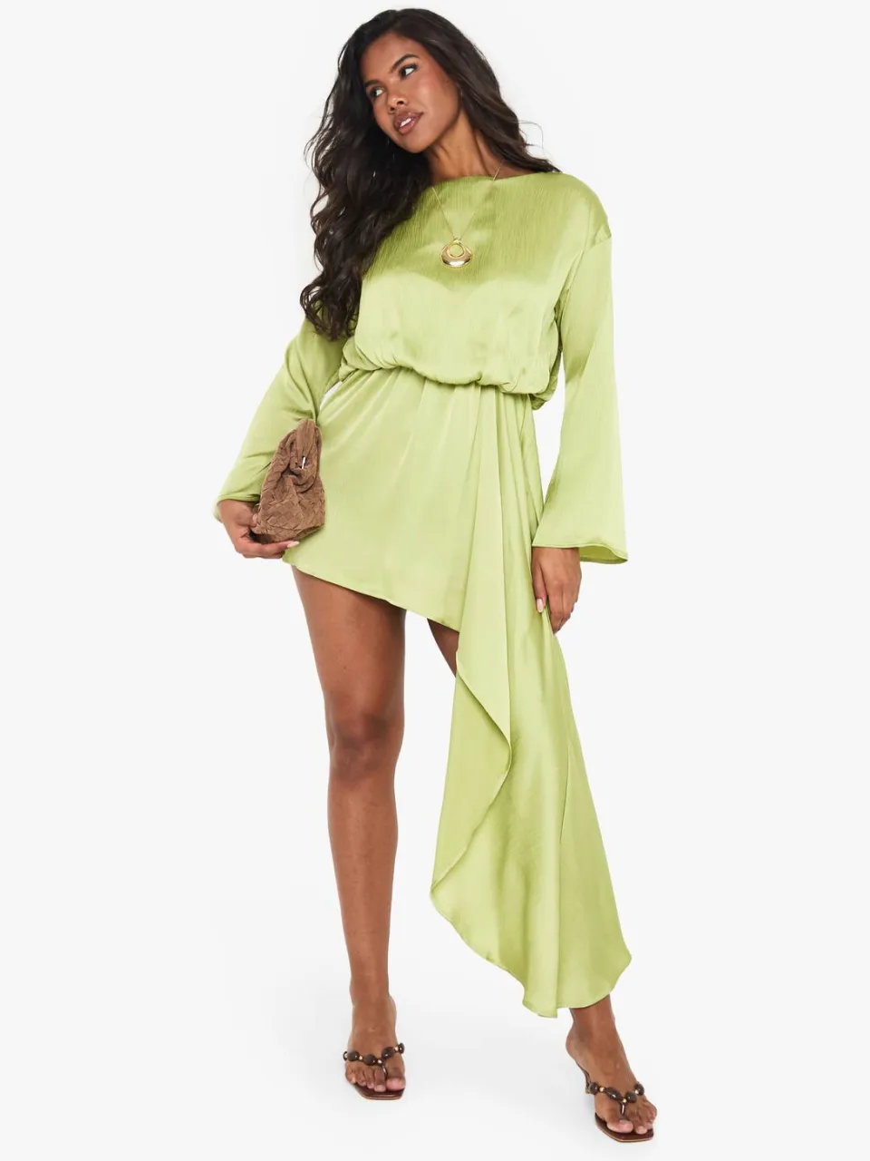 boohoo Dames Bootkraag Blouson Gedrapeerde Mini Jurk limoen, foto 2