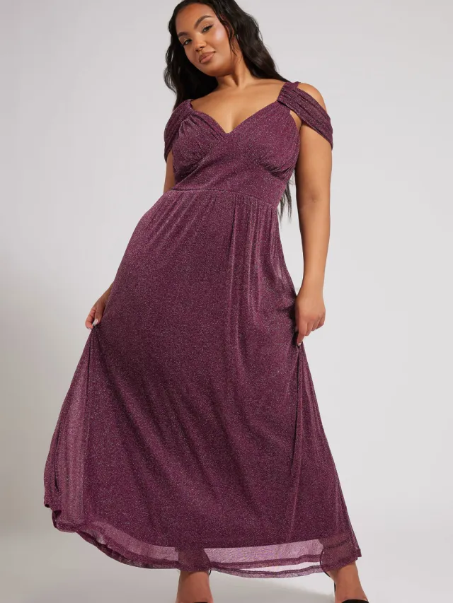 Yours London Maxijurk Met Blote Schouders In Metallic Paars Purple
