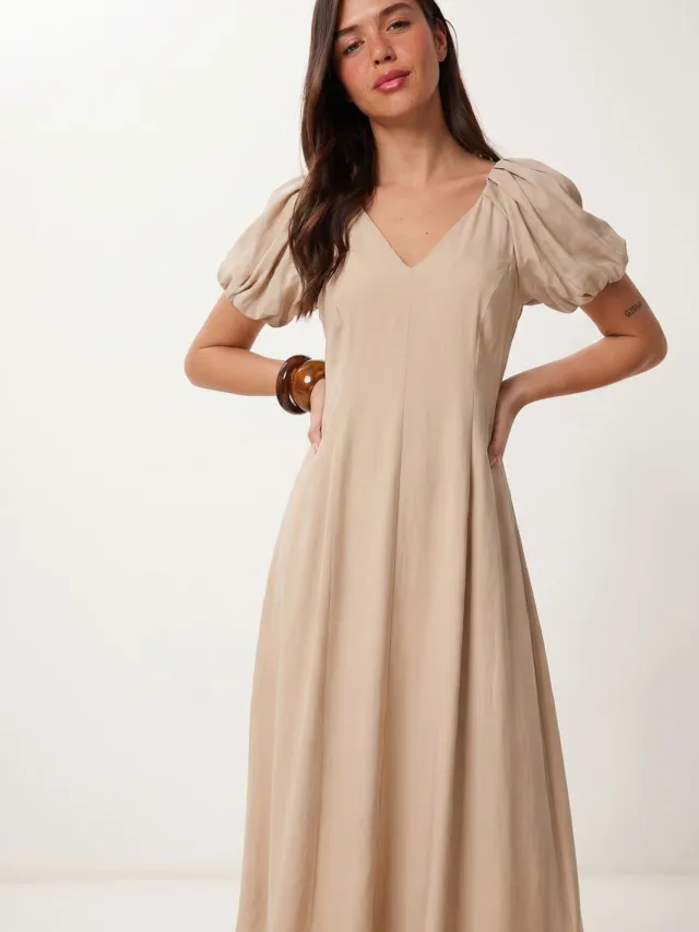 Happiness Istanbul Dames A-lijn Midi Jurk Met V-hals Beige