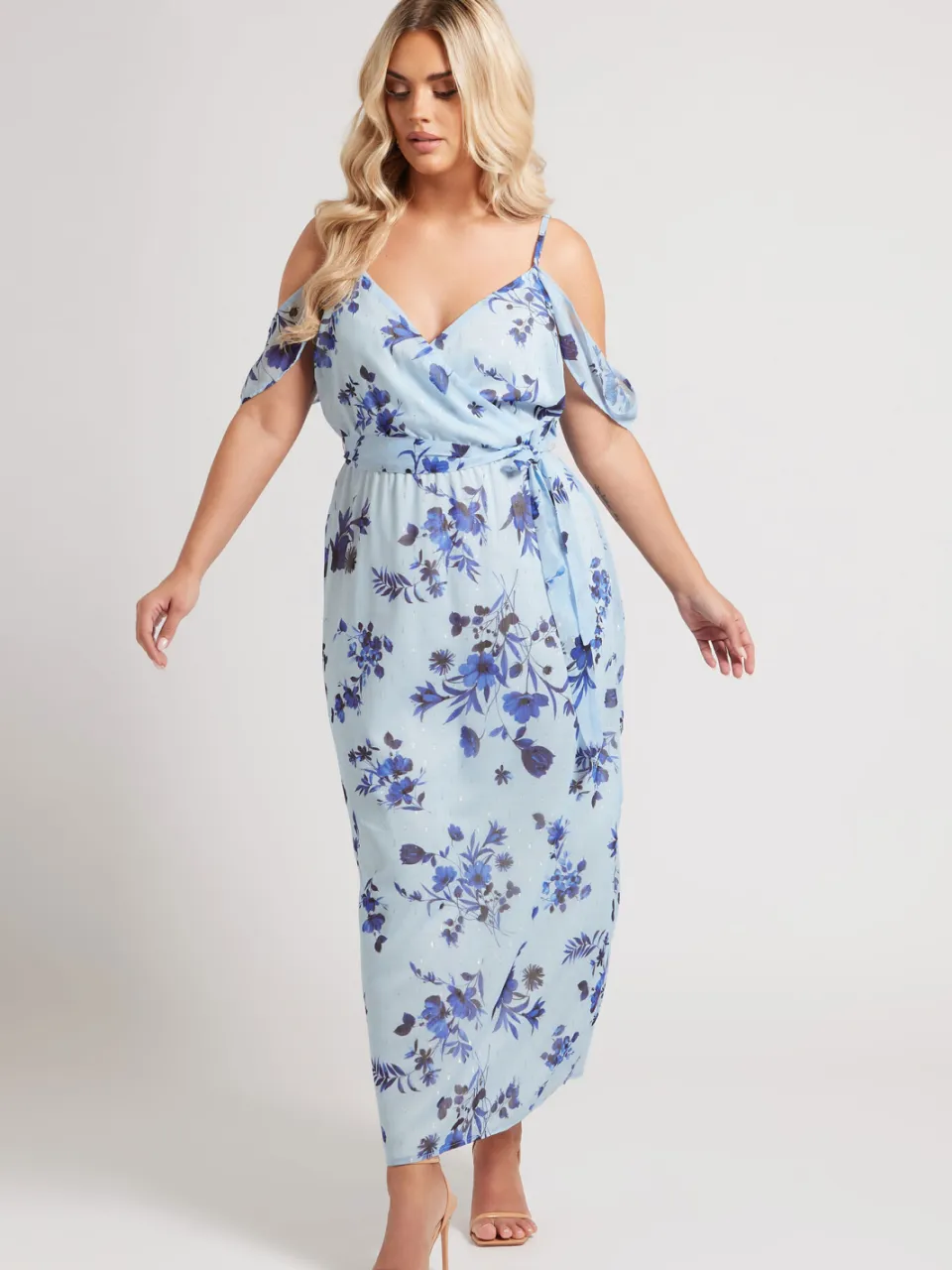 Yours London Midaxi Jurk Met Abstracte Print En Blote Schouders In Metallic Lichtblauw blauw, foto 2