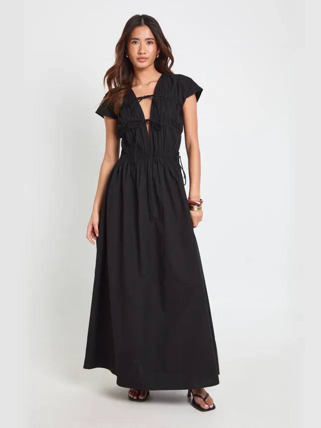 boohoo Dames Katoenen Popeline Maxi Jurk Met Gerimpeld Voorpand En Strikdetail Zwart