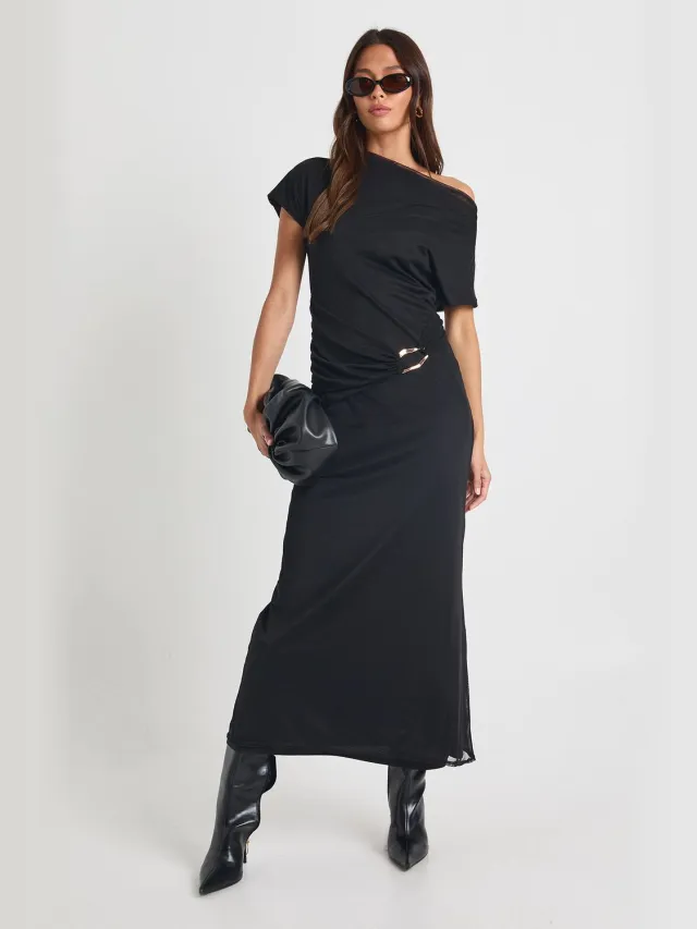boohoo Dames Cowl-hals maxi-jurk met gouden biesdetails Zwart