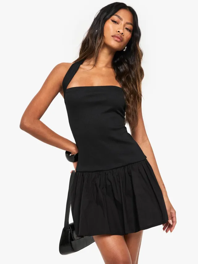 boohoo Dames Jersey Rib Cotton Mix Halterneck Mini Dress Zwart