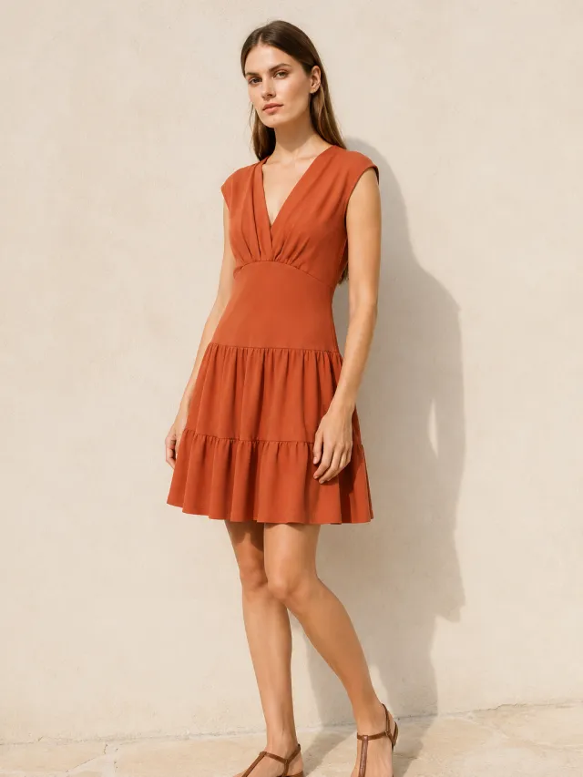 Conquista Mini-jurk met empiretaille en ruches Oranje