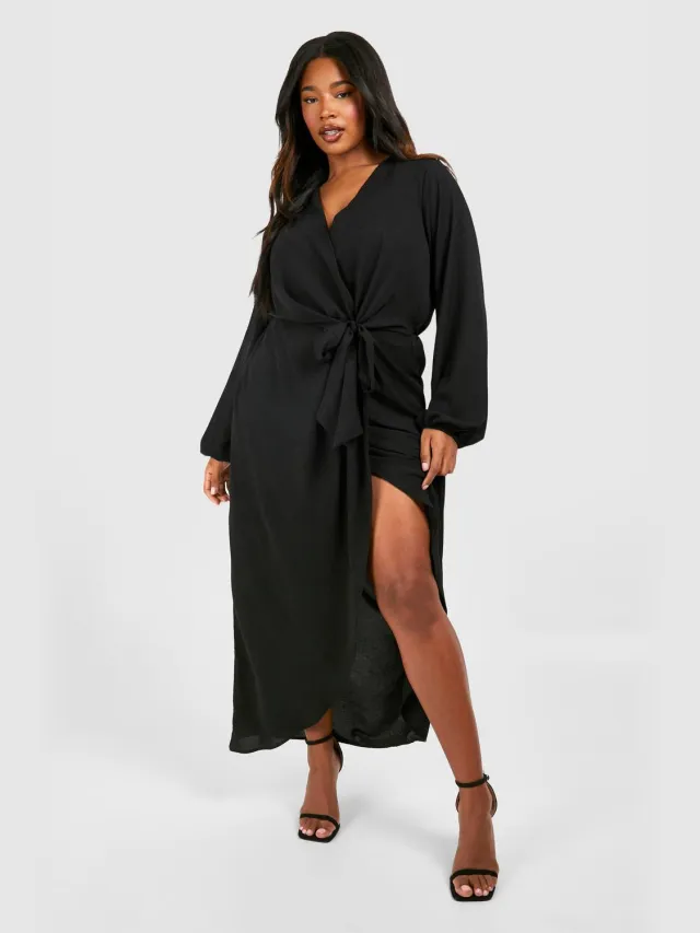 boohoo Dames Plus Gestructureerde Maxi-Jurk met Strikdetail Zwart