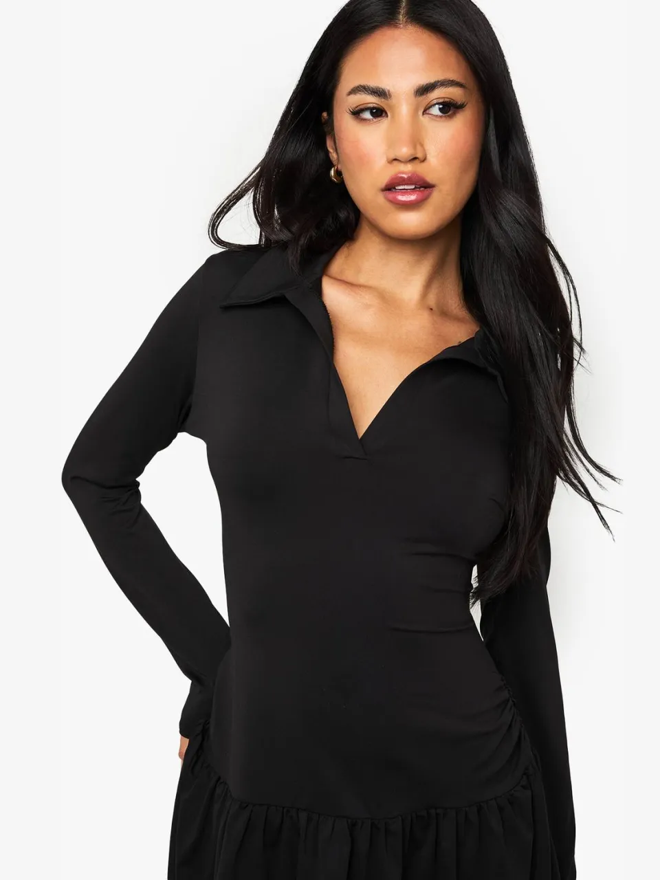 boohoo Dames Mini-jurk met kraag, vallende zoom en lange mouwen zwart, foto 4