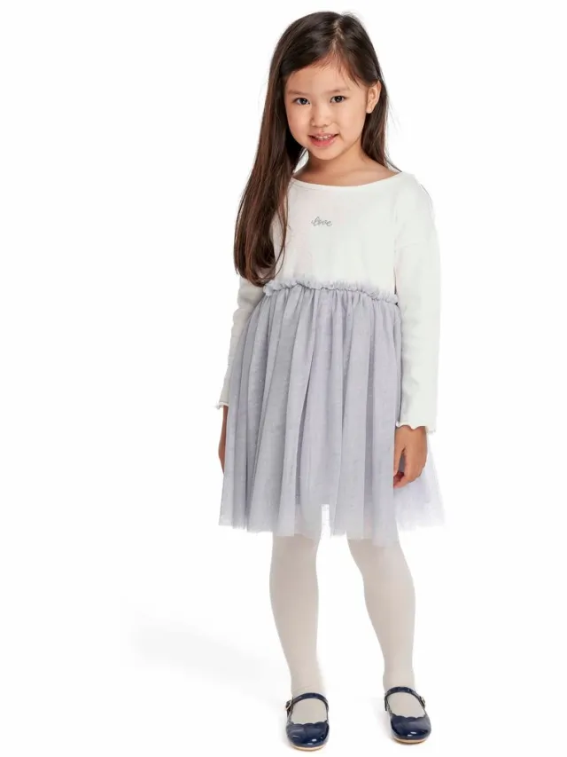 Minoti feestjurk meisjes met mesh rok - lange mouw Wit