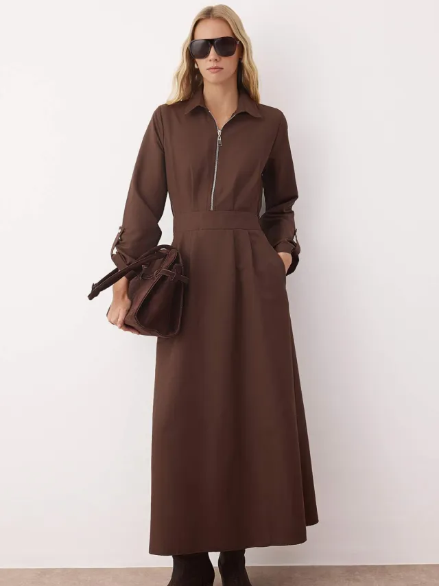 Trendyol Modest Dames Bruin Effen Maxi Lang Casual A-lijn Modest Jurken, foto 2