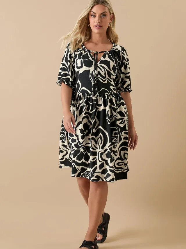 Yours Mini Jurk Met Abstracte Bloemenprint En Striksluiting In Zwart-52 Black
