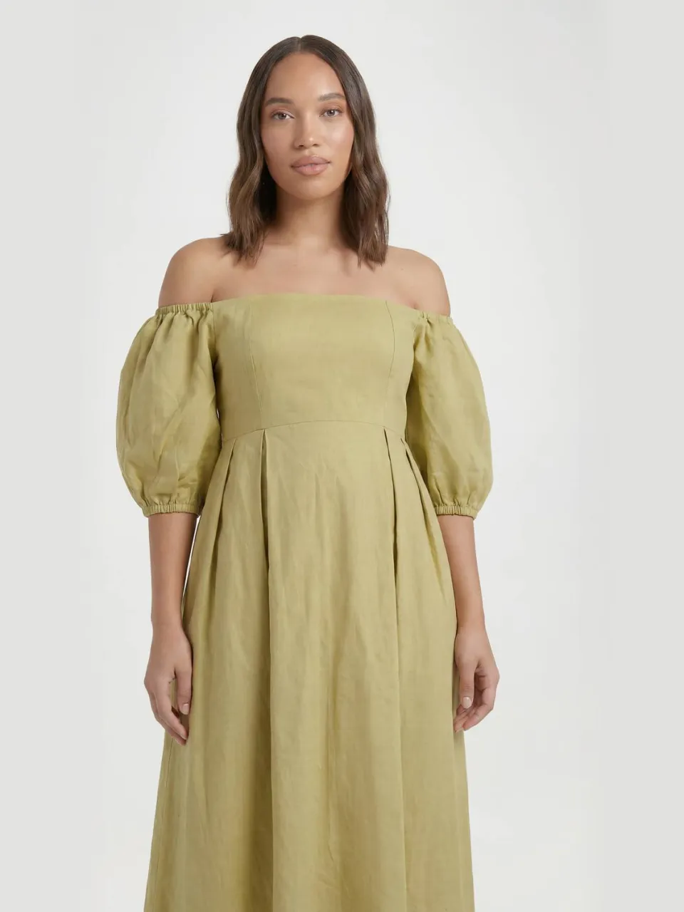 boohoo Dames Zwangerschaps Linnen Pofmouw Bardot Maxi Jurk pistache, foto 3
