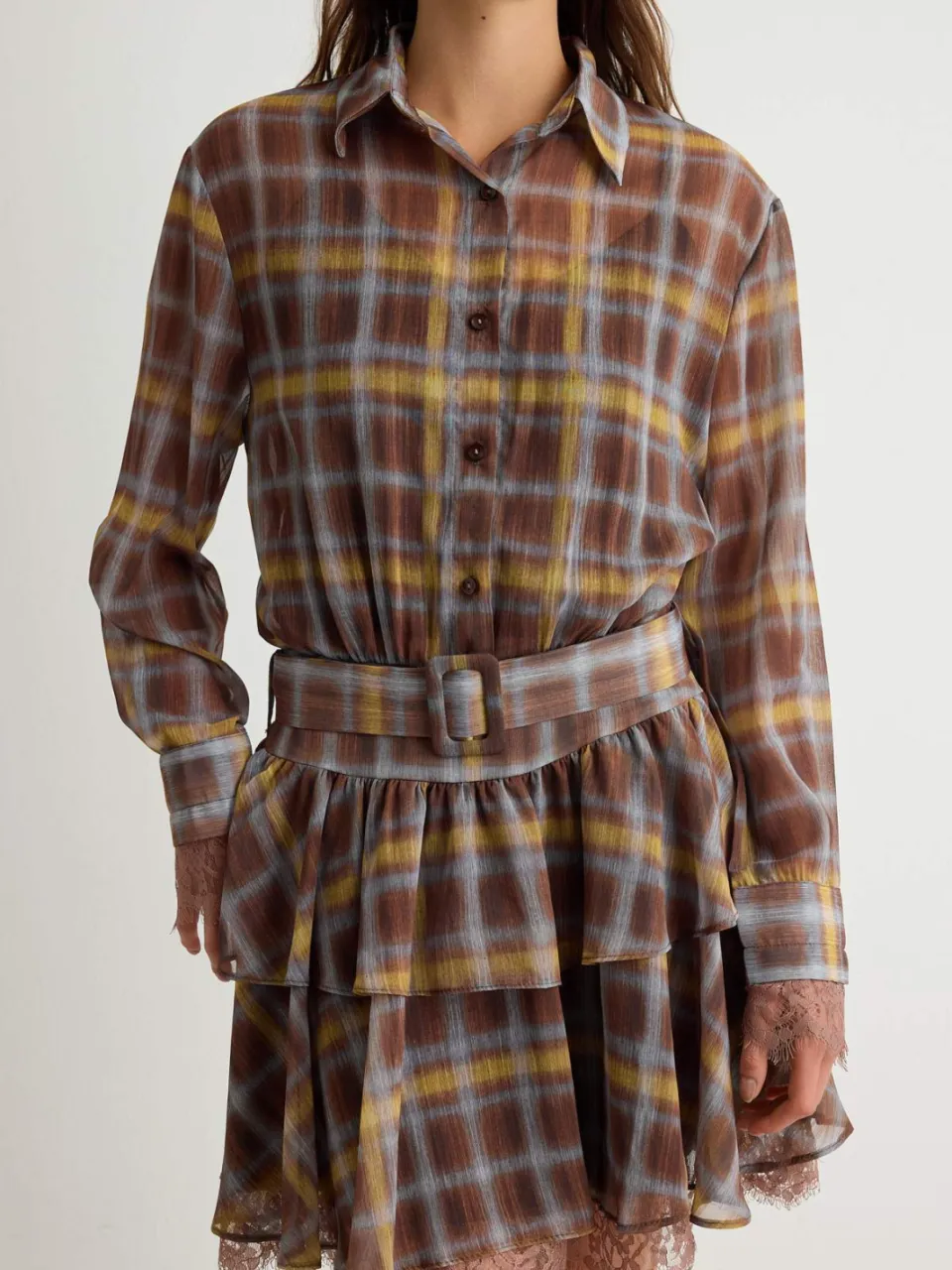 Trendyol TRENDYOLMİLLA Dames Bruin Geruit Kort / Mini Lang Blousejurk Jurken, foto 2