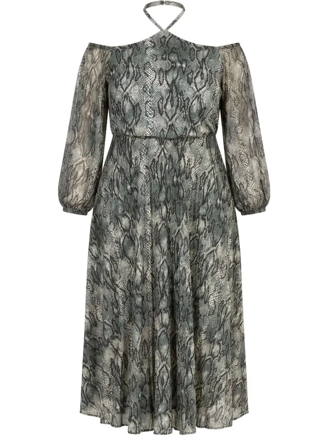 Ulla Popken Dames - Maxi-jurk dierenprint carmen halterlook lange mouwen - Olijfgrijs
