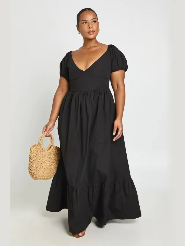 boohoo Dames Plus Bardot Maxi Jurk Met Wijde Pofmouwen Zwart