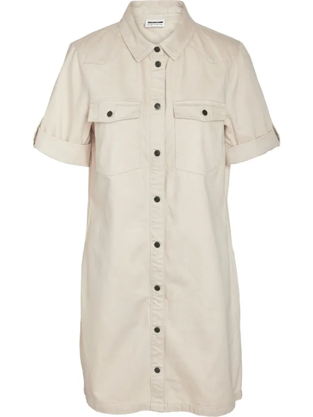 Noisy May Jurk Nmnew Signe S/s Denim Dress Clr Noo 27030173 Oatmeal Dames Maat