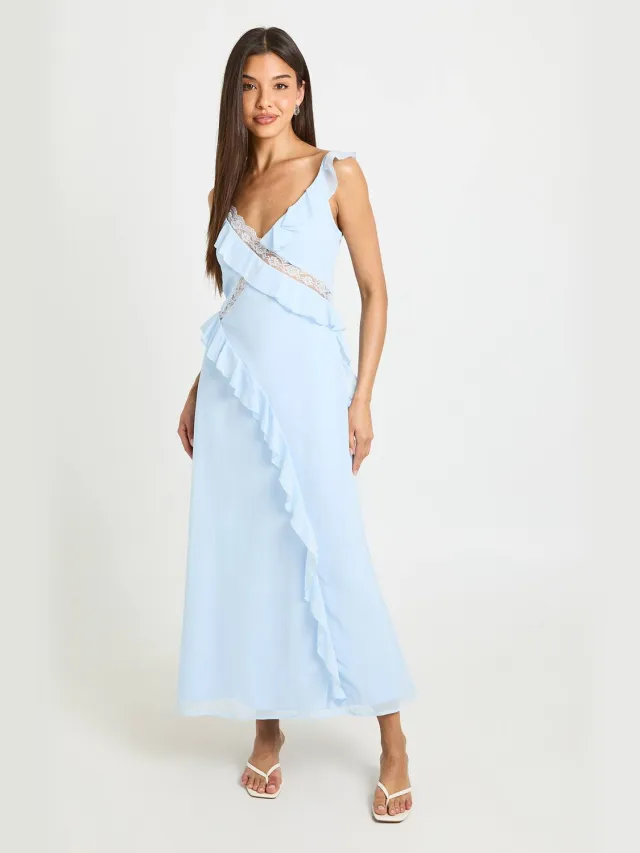 boohoo Dames Chiffon Kanten Midaxi Jurk Met Ruches Pastelblauw