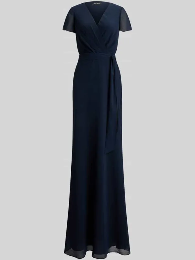 Lauren Ralph Lauren Avondjurk met strikceintuur en V-hals donkerblauw, foto 2
