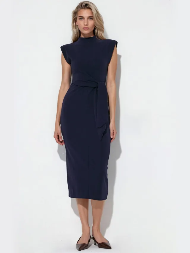 Busem Mouwloze Aansluitende Midi-jurk met Strikdetail Marineblauw