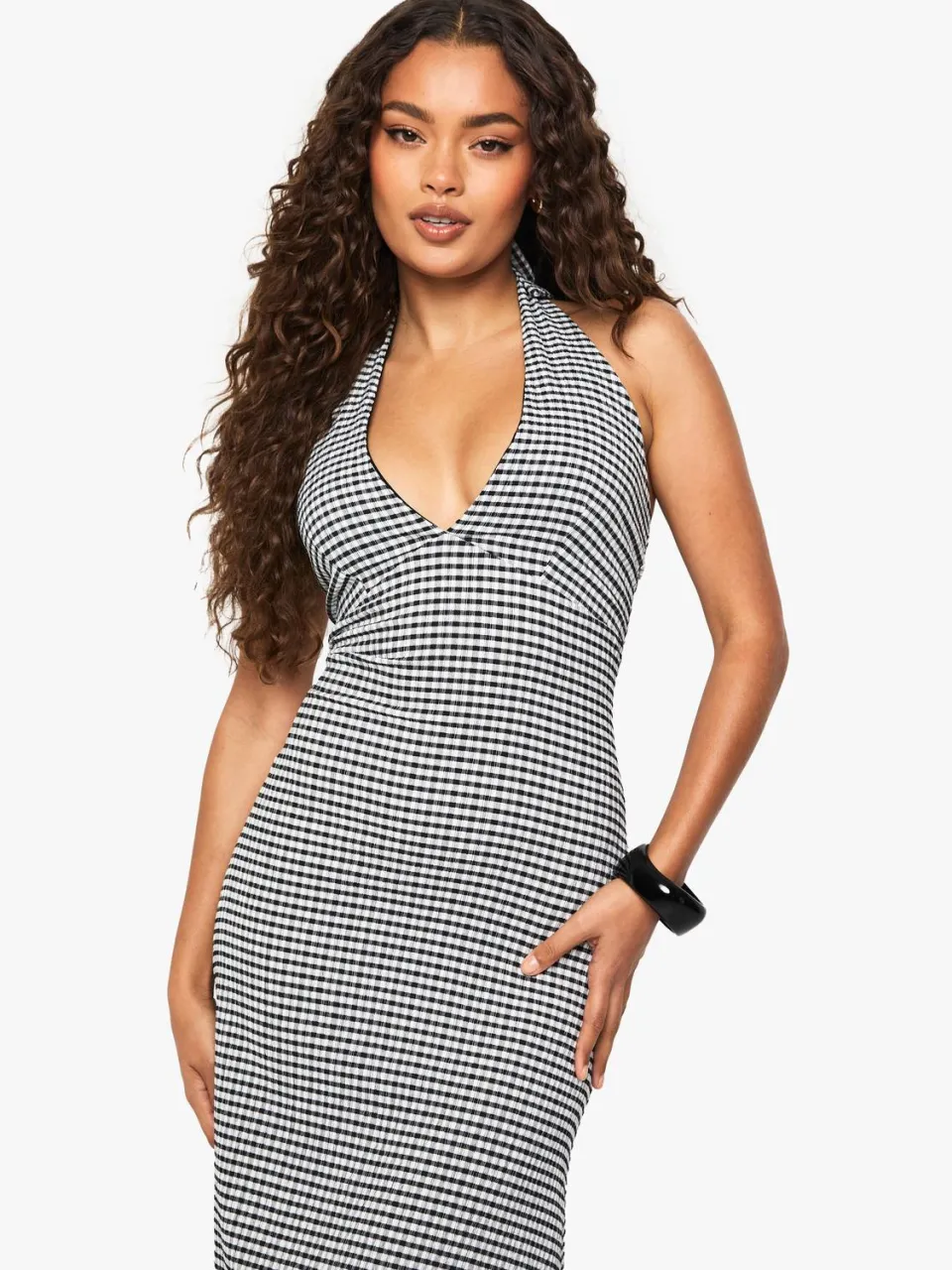 boohoo Dames Textured Gingham Midaxi Jurk zwart, foto 2