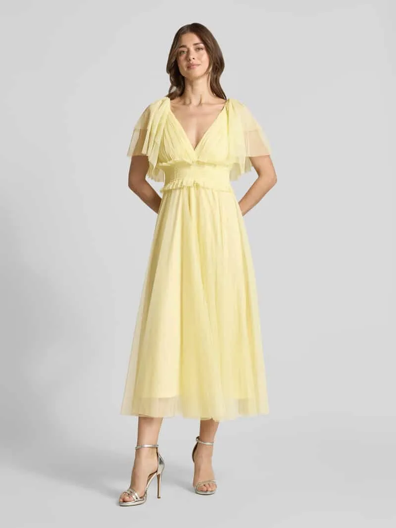 Lace & Beads midi-jurk met smokdetail en V-hals Lichtgeel