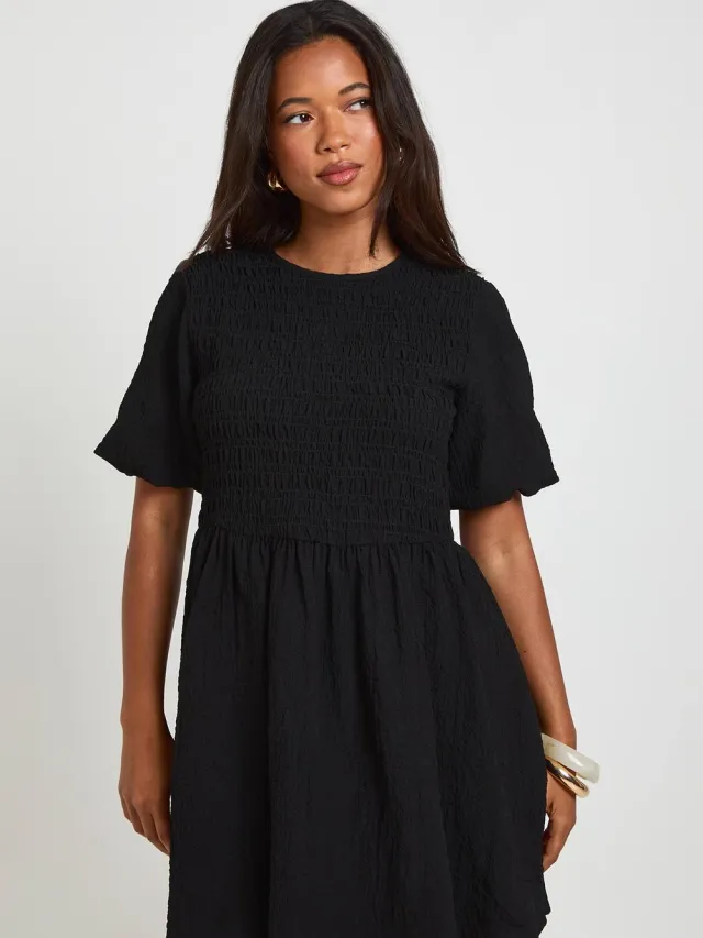 boohoo Dames Gestructureerde Mini-jurk Met Volumemouwen Zwart