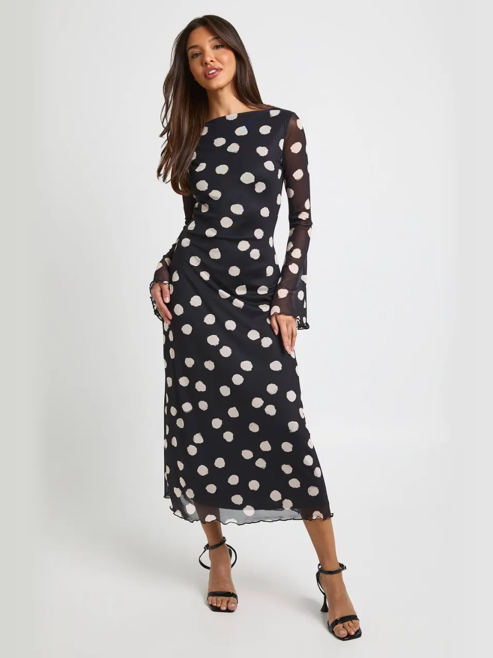 boohoo Dames Toonkleurige Polkadot Fit & Flare Mesh Midaxi Jurk zwart, foto 2