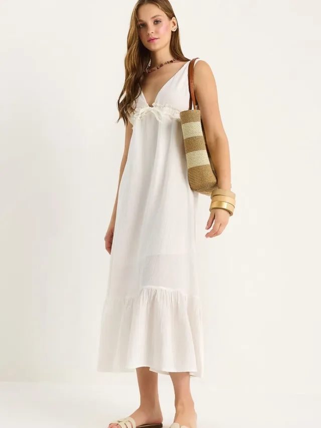 Bianco Lucci A-Form Fit Midi-jurk met V-hals en binddetail Wit