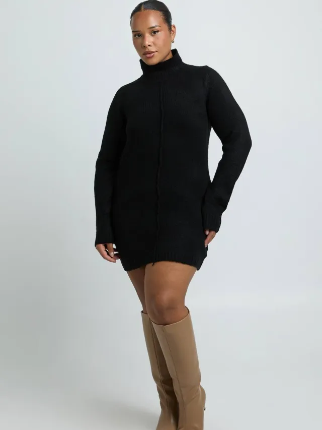 boohoo Dames Plus Hoogsluitende Gebreide Mini-trui Jurk Met Naaddetail Zwart