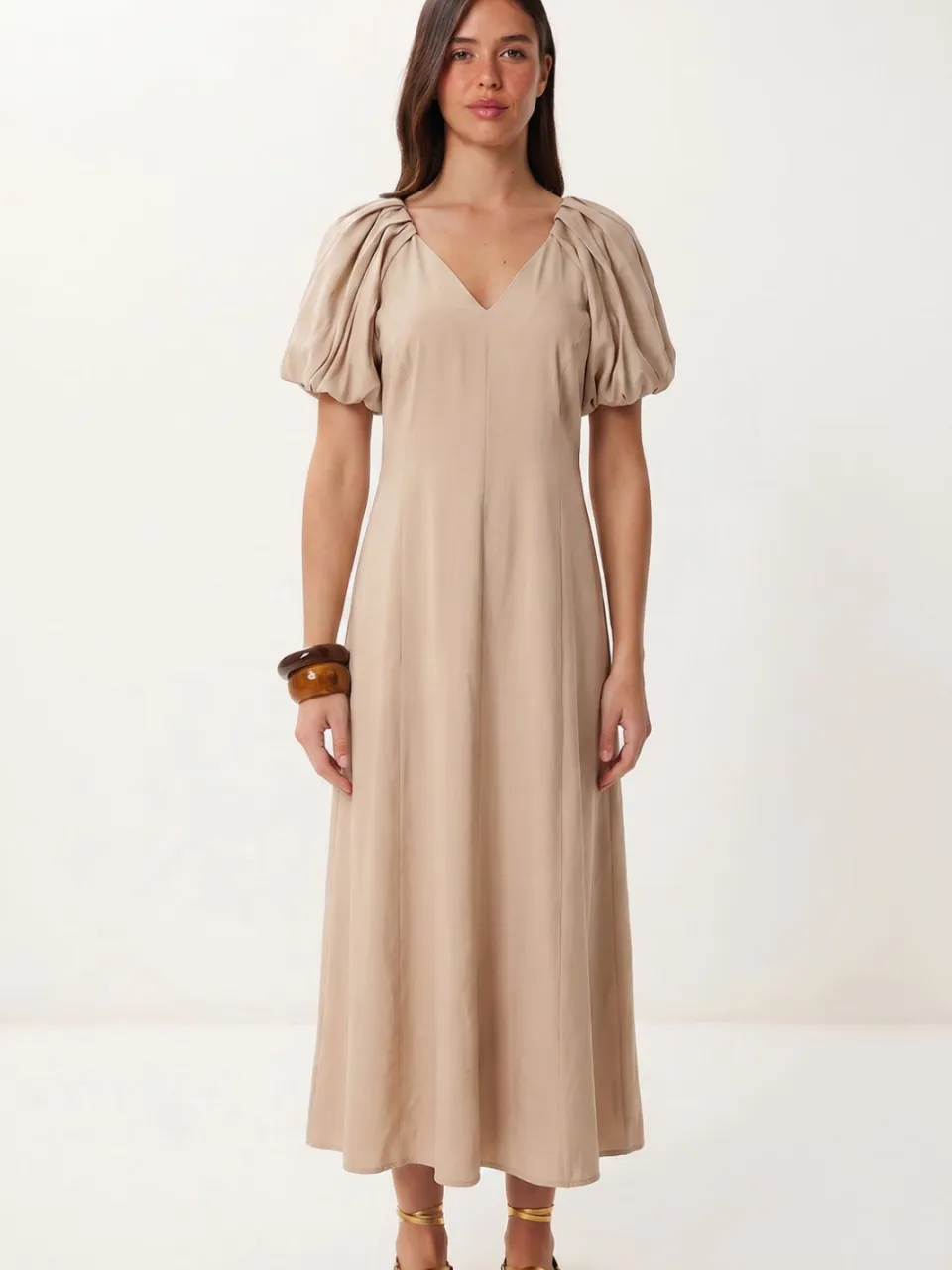 Happiness Istanbul Dames A-lijn Midi Jurk Met V-hals beige, foto 2