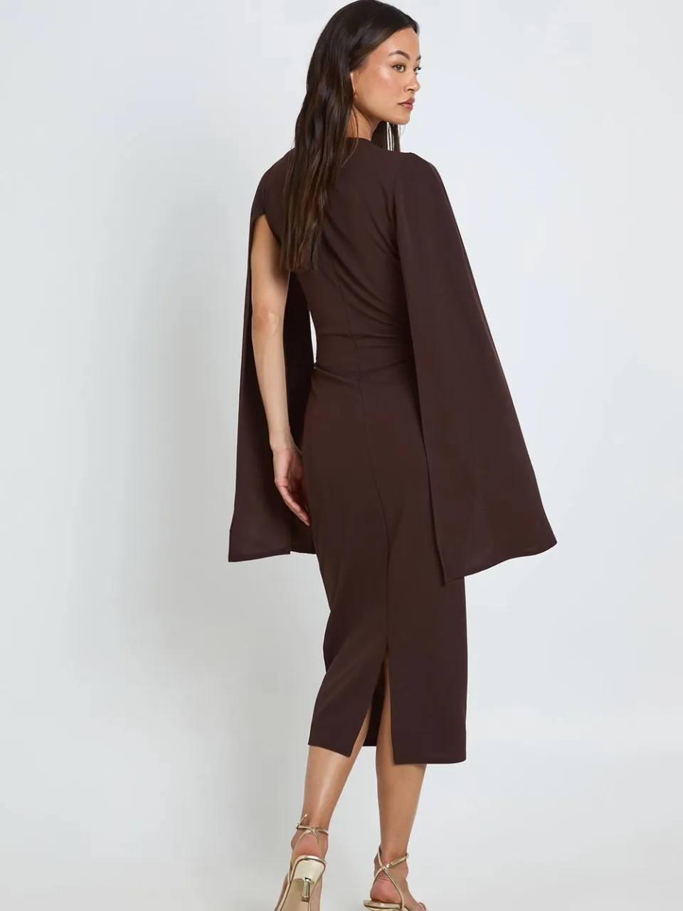 boohoo Dames Lange Midi Bodycon Jurk Met Cape Mouwen chocoladebruin, foto 2