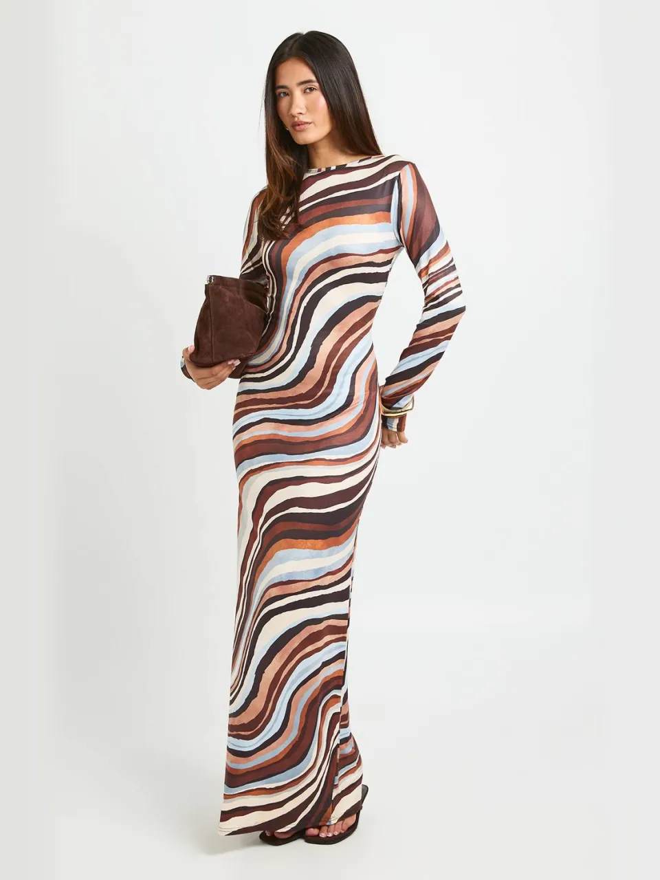 boohoo Dames Gestreepte Maxi-jurk Met Lange Mouwen In Toonwaarden Chocoladebruin