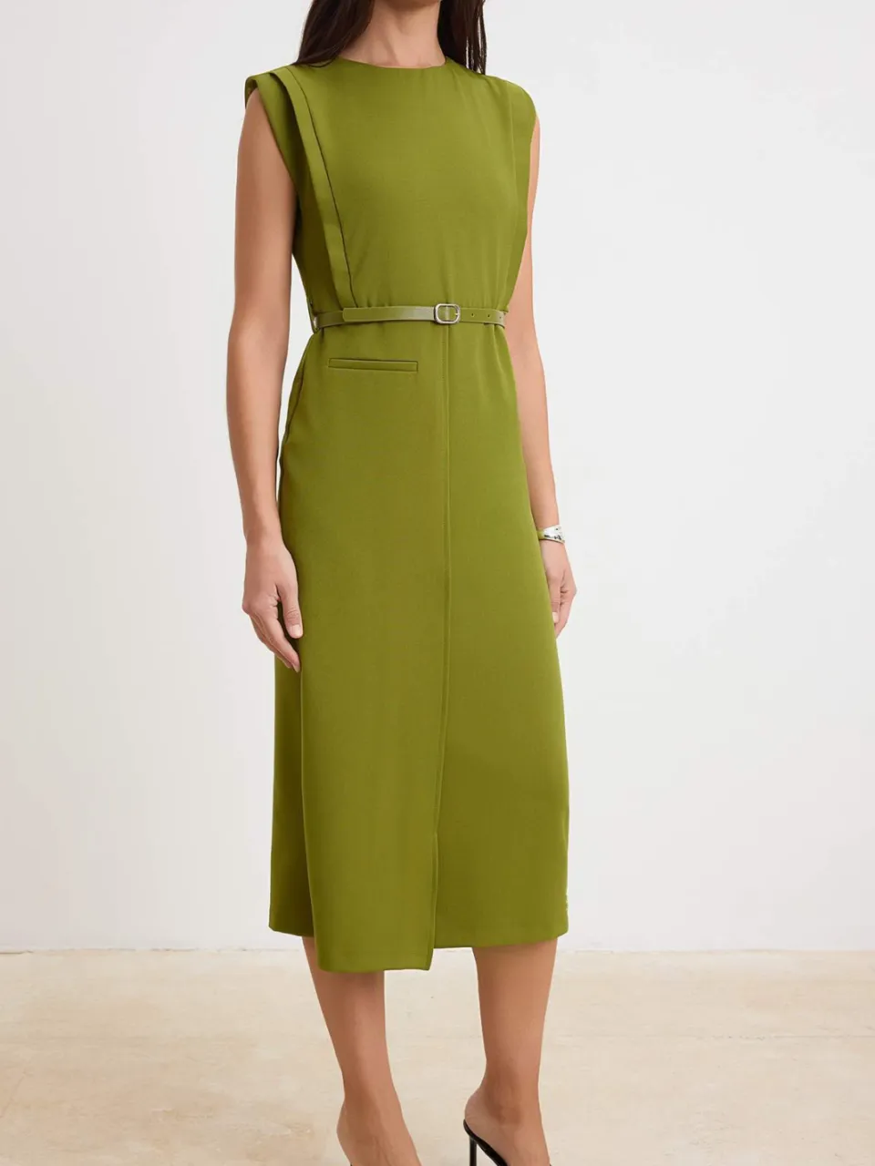 Trendyol TRENDYOLMİLLA Dames Groen Effen Midi Mouwloos Avond / Dagelijks Bodycon Jurken, foto 2