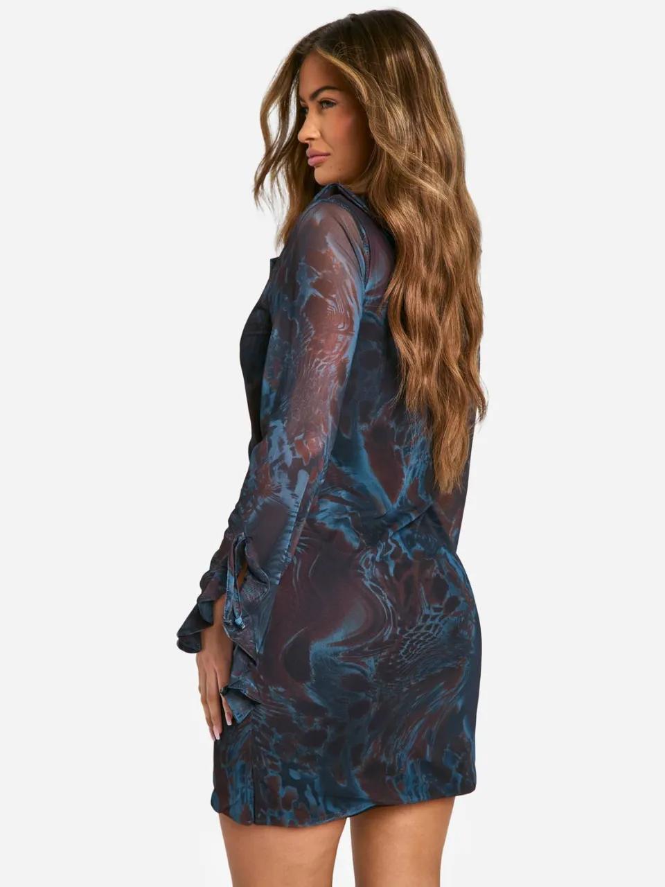 boohoo Dames Ruffle Printed Mesh Mini Dress blauw, foto 2